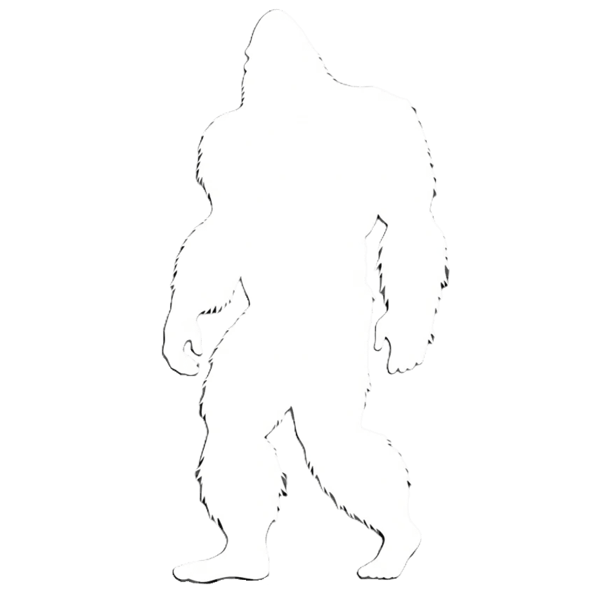 White silhouette of a hairy, ape-like Bigfoot creature walking against a black background.