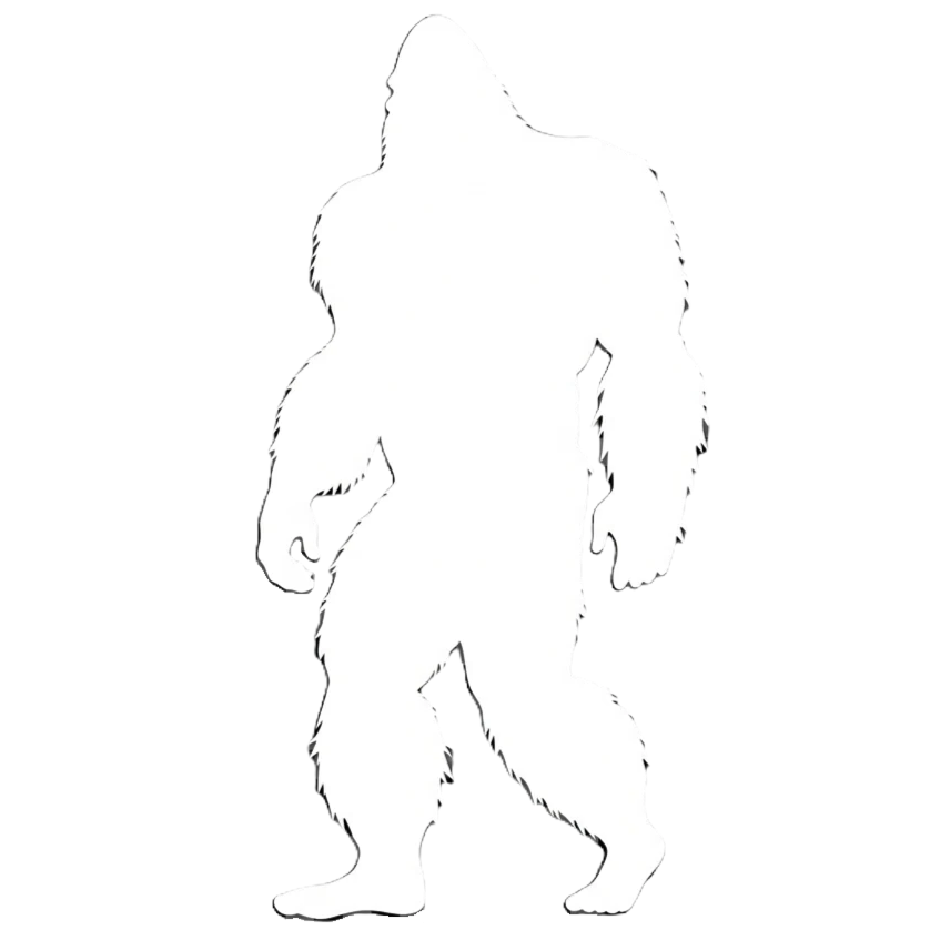 White silhouette of a hairy, ape-like Bigfoot creature walking against a black background.